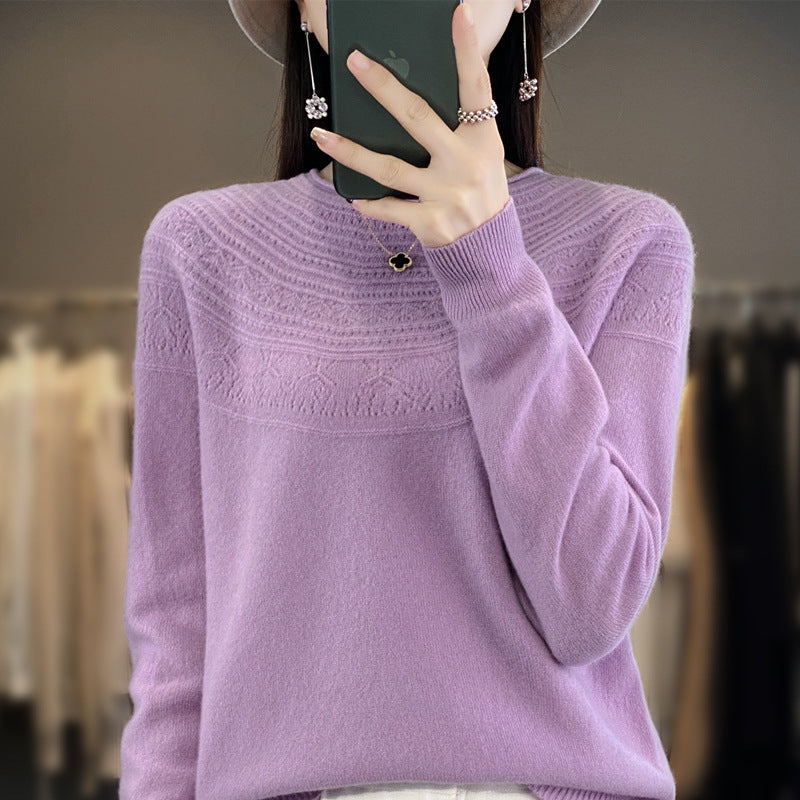 Women's Round Neck Fine Knit Sweater with Structured Yoke and Cashmere Look Mune Fashion