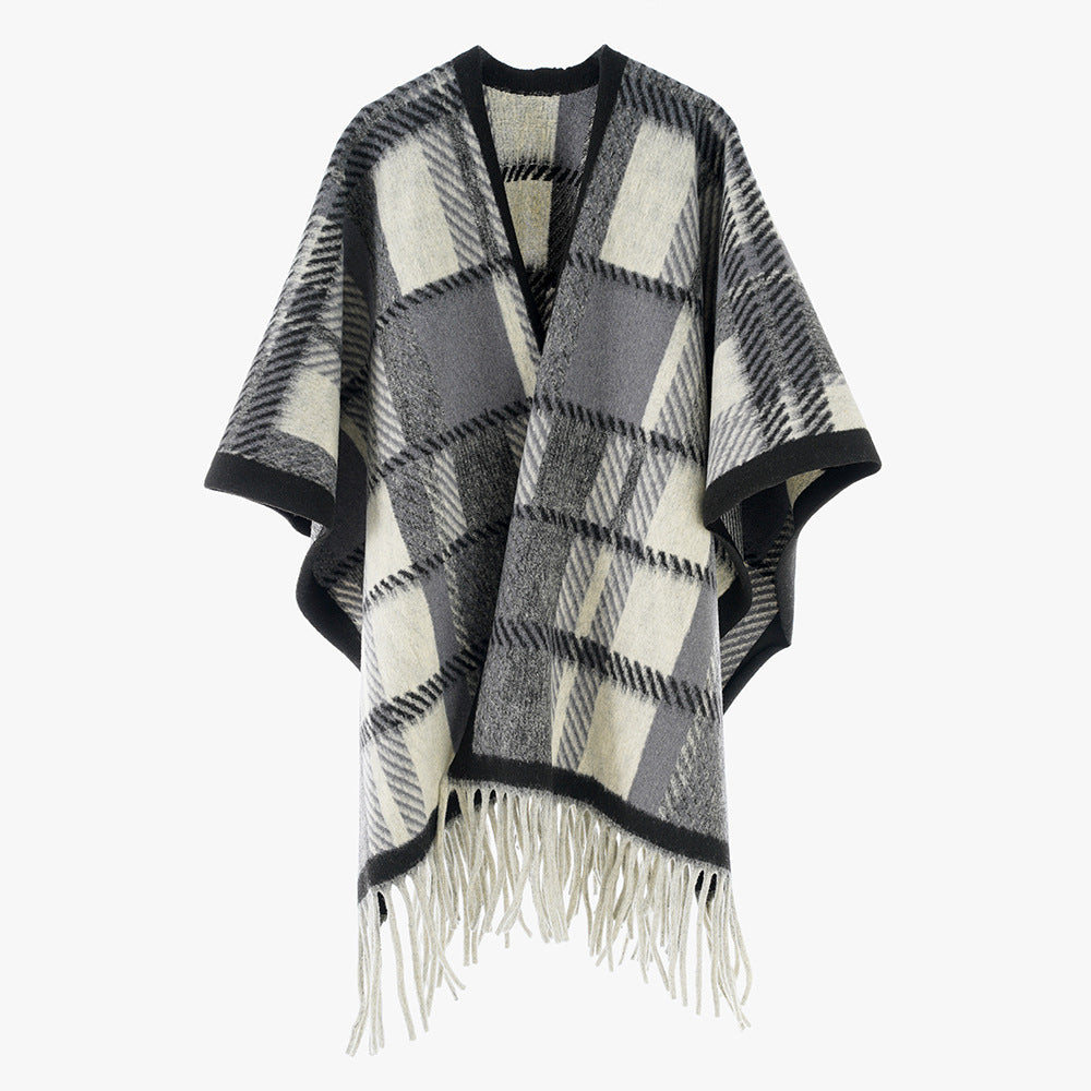 Women's Oversized Wool Blend Poncho with Check Pattern and Fringed Hem Mune Fashion