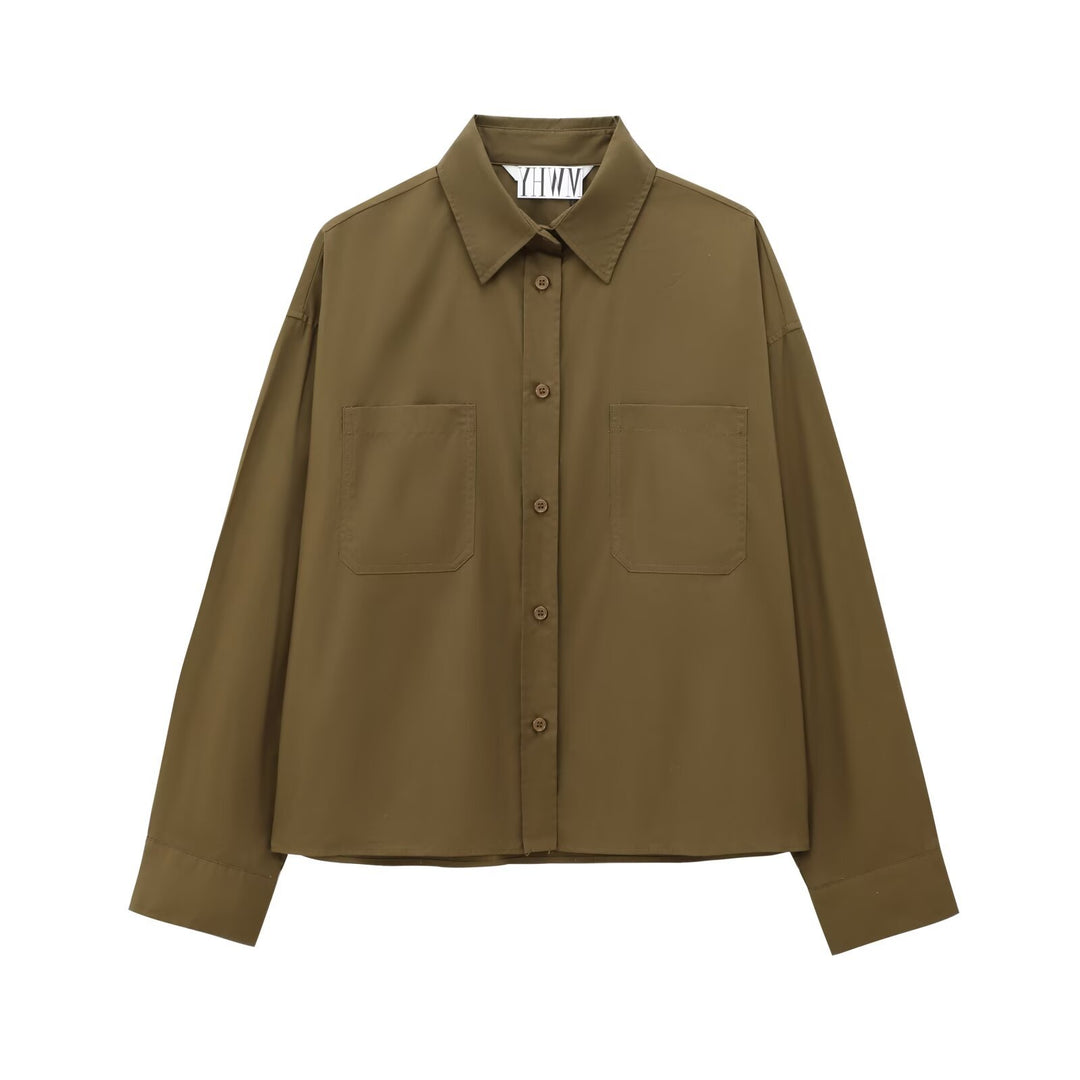 Women's Boxy Cropped Shirt Jacket with Patch Chest Pockets Mune Fashion