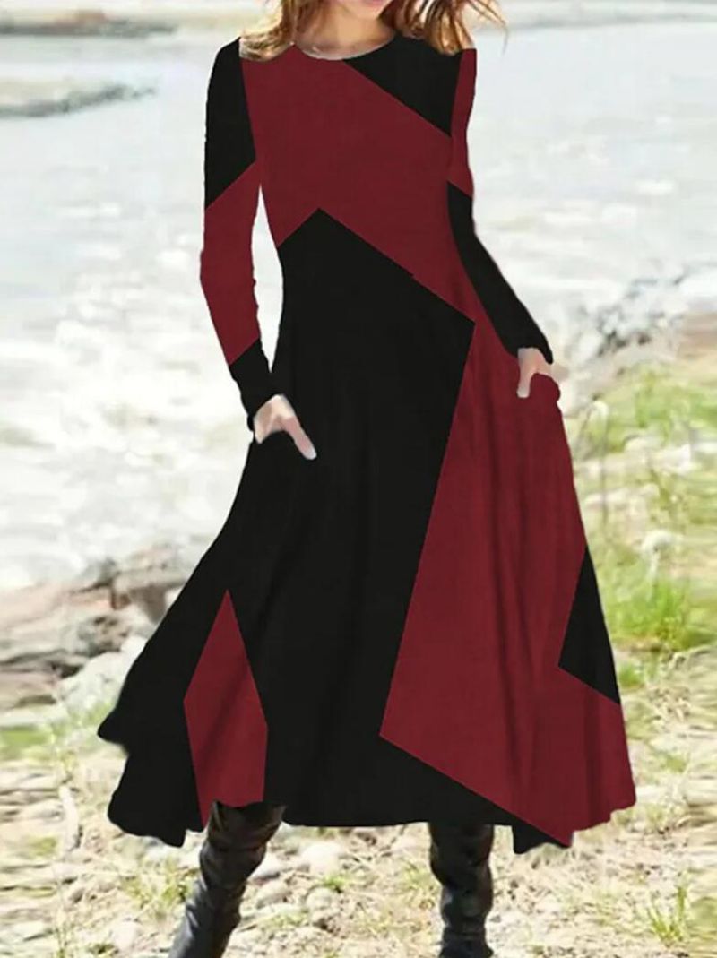 Ladies nan geometric maxi dress with long sleeves, A-line cut and side pockets Mune Fashion