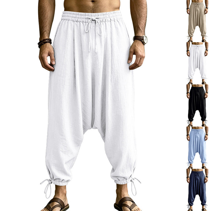 Men's harem pants with a low crotch, elastic waistband, and adjustable ankle cuffs Mune Fashion