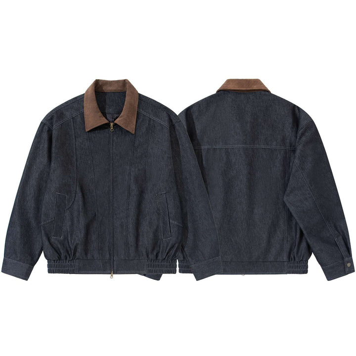 Men's Boxy Denim Blouson Jacket with Suede Collar and Elastic Hem Mune Fashion