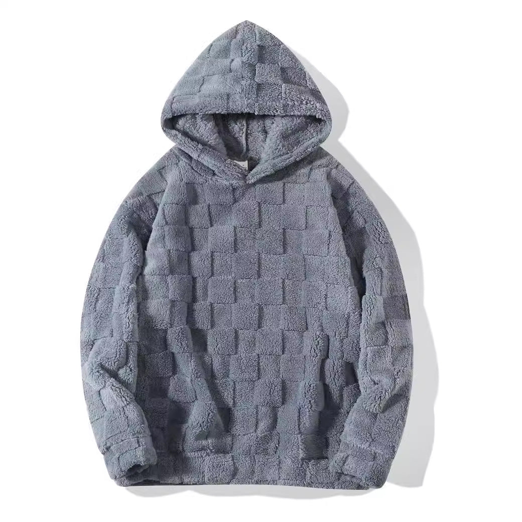Women's Oversize Plush Hoodie with Check Pattern, Hood, and Soft Teddy Lining Mune Fashion