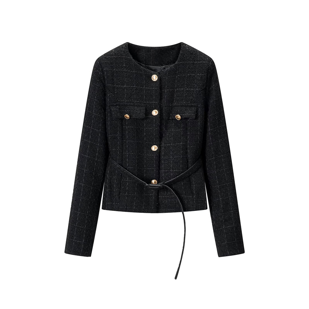 Ladies short jacket made of bouclé tweed with round neck, golden decorative buttons and tie belt Mune Fashion