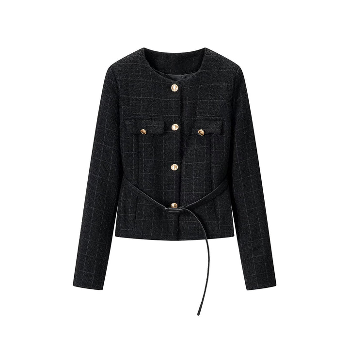 Ladies short jacket made of bouclé tweed with round neck, golden decorative buttons and tie belt Mune Fashion