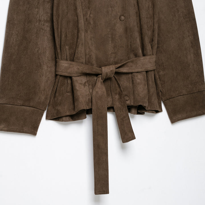 Women Short Velvet Look Jacket with High Funnel Neck, Snap Button Placket and Tie Belt Mune Fashion
