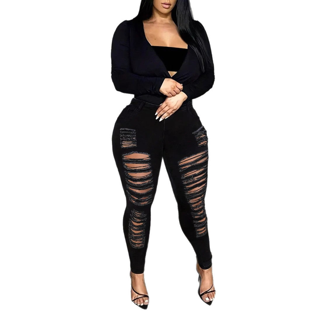 Women's High-Waisted Superstretch Jeans with Frayed Cutouts and Sculpting Waistband Mune Fashion