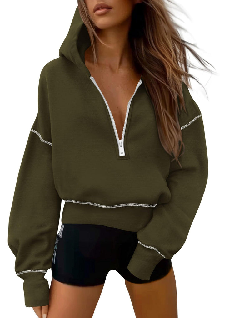 Women's cropped hooded pullover with half zipper and voluminous balloon sleeves Mune Fashion