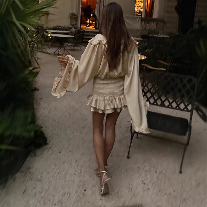 Women Satin Mini Dress with Balloon Sleeves, Ruffles & Ruched Waist Mune Fashion
