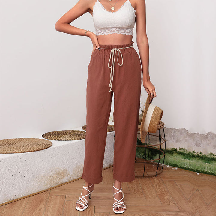 Women Light Linen Pants with Elastic Waistband, Drawstring and Cuffed Hem Mune Fashion