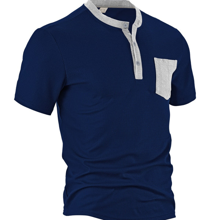 Men's breathable waffle henley shirt with stand-up collar, short button placket, and patch chest pocket Mune Fashion