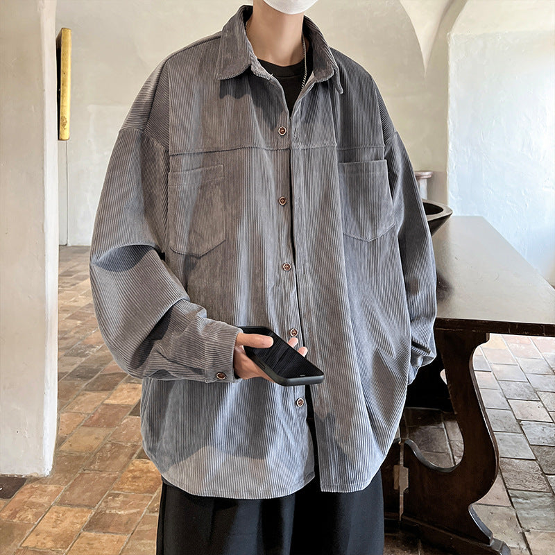 Men's oversized cord shirt jacket with stitched breast pockets, rounded hem, and loose silhouette Mune Fashion