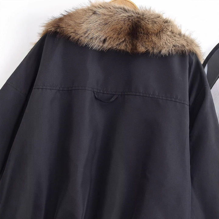 Ladies Short Quilted Bomber Jacket with Voluminous Faux Fur Shawl Collar Mune Fashion