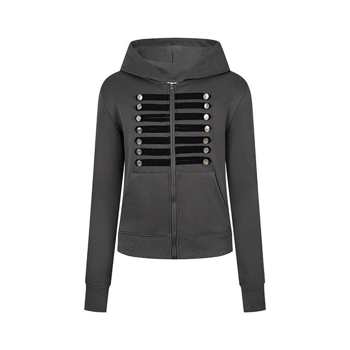 Women's hooded sweatshirt jacket with decorative military braid trim and decorative buttons Mune Fashion