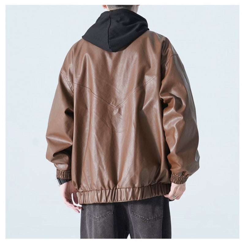 Men's Oversized Faux Leather Bomber Jacket with Stand Collar, Flap Pockets and Elastic Hem Mune Fashion