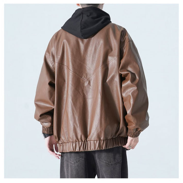 Men's Oversized Faux Leather Bomber Jacket with Stand Collar, Flap Pockets and Elastic Hem Mune Fashion