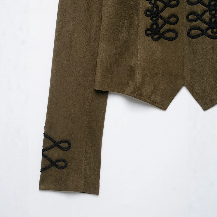 Ladies Tailored Cropped Suede Blouson with Military Cord Application and Stand Collar Drune