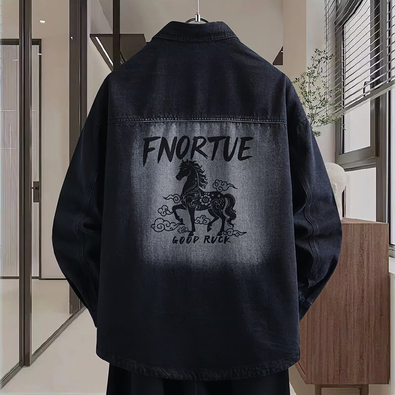 Men's loosely cut denim shirt jacket with artistic back print and overshirt cut Mune Fashion