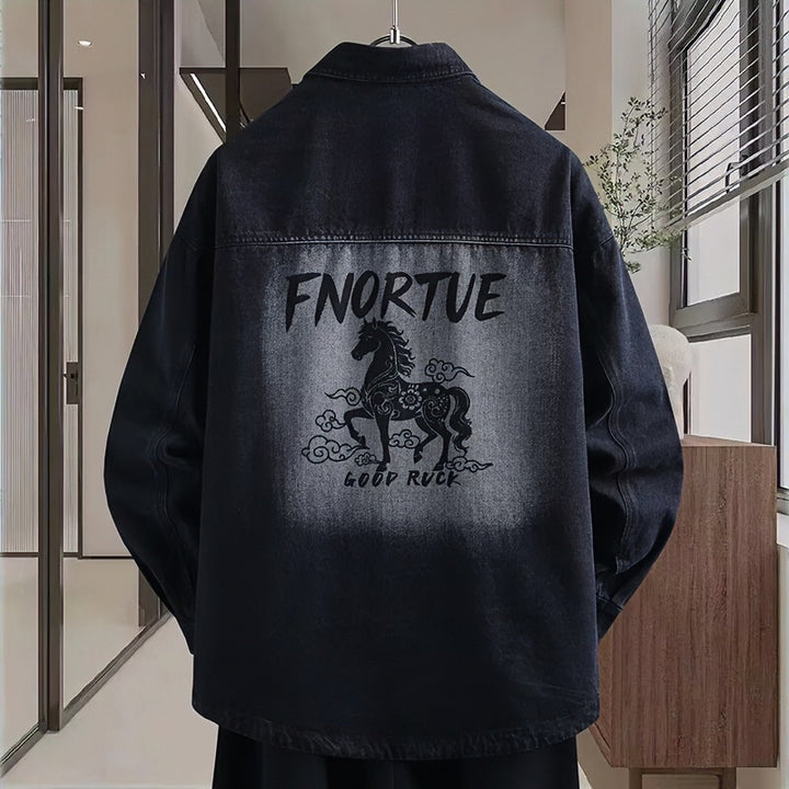 Men's loosely cut denim shirt jacket with artistic back print and overshirt cut Mune Fashion
