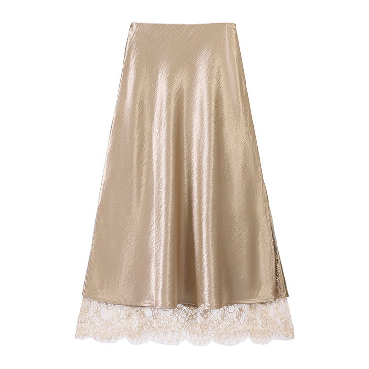 Women's satin midi skirt with delicate lace trim and flowing A-line down