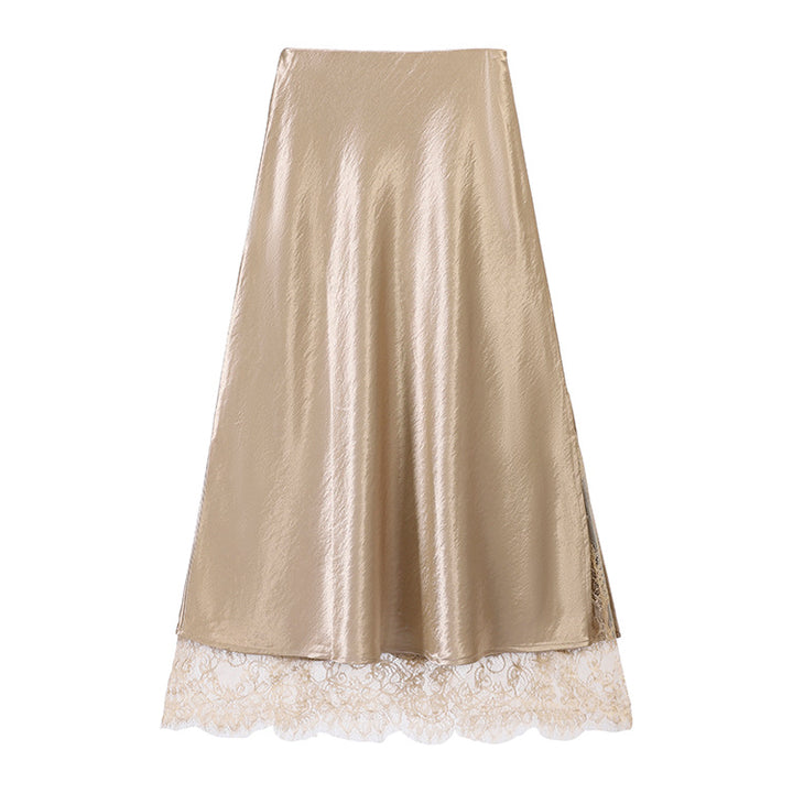 Women's satin midi skirt with delicate lace trim and flowing A-line down