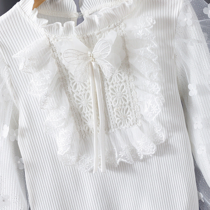 Girl ruffled blouse with floral appliqués and transparent sleeves Mune Fashion