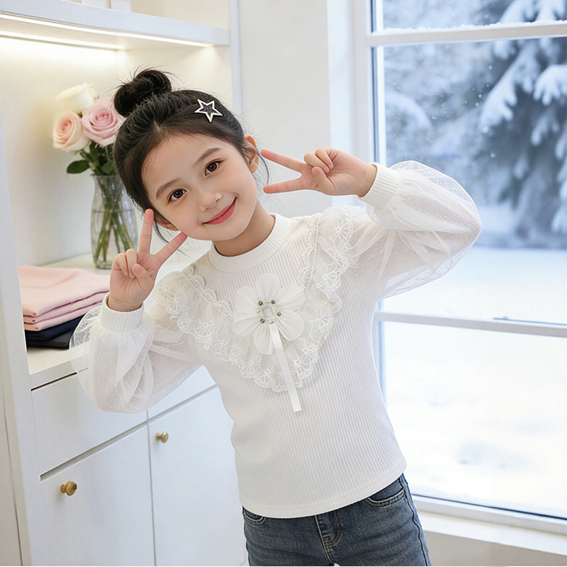 Girls elegant blouse with floral appliqués and transparent lace Mune Fashion