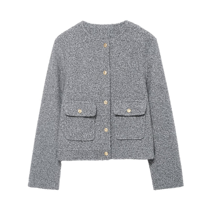 Women Boucle Cropped Jacket with Gold Buttons and Patch Pockets Mune Fashion