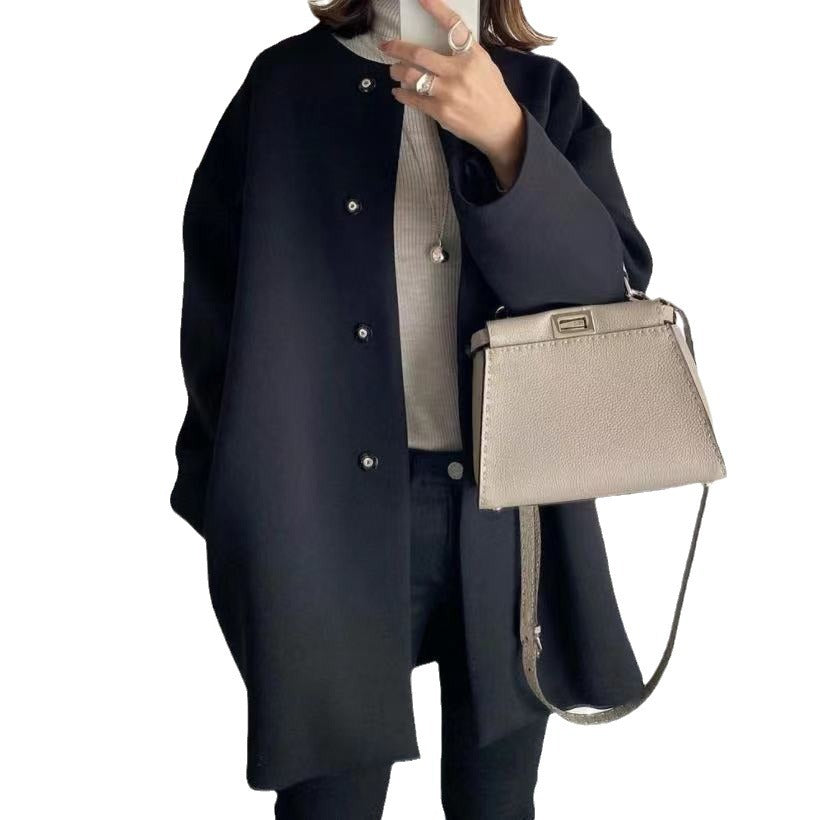Women nan Oversized Wool Blend Coat with Pearl Buttons and Straight Cut Mune Fashion
