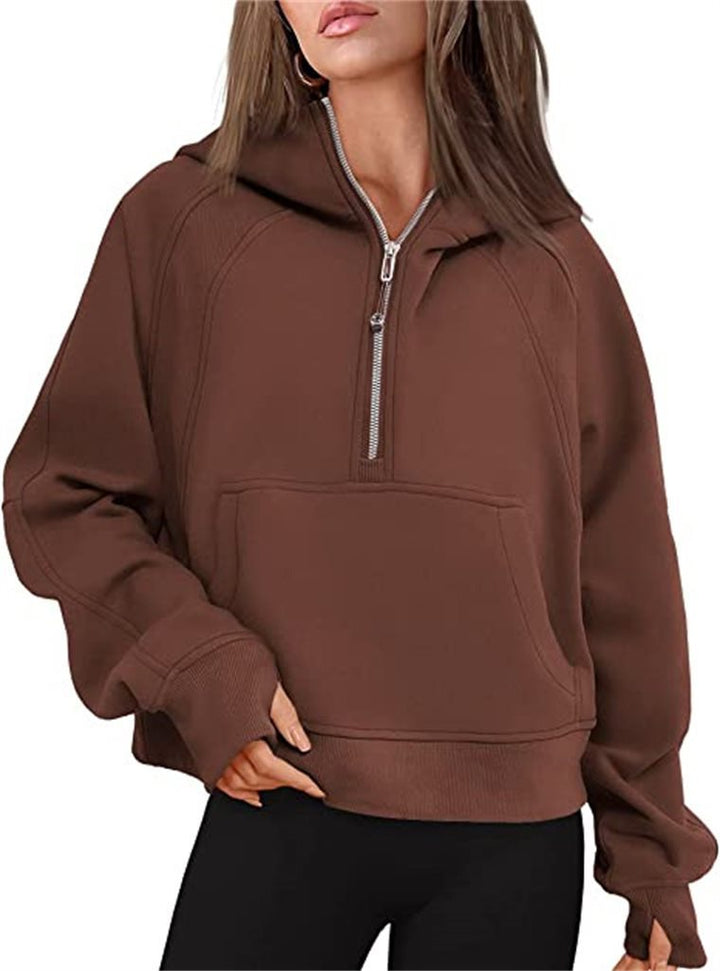 Women's short cut hoodie with half zipper and kangaroo pocket Mune Fashion