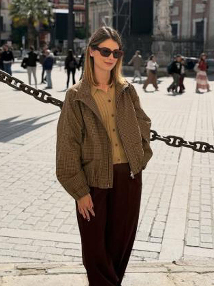 Women's Boxy Short Jacket in Glencheck with Elastic Hem and Zipper Mune Fashion