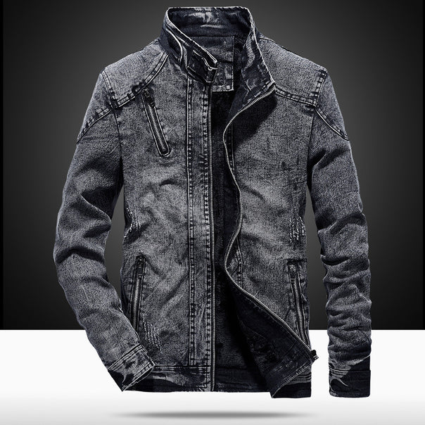 Men's Slim-Fit Denim Work Jacket with Stand Collar and Zipper Details Mune Fashion