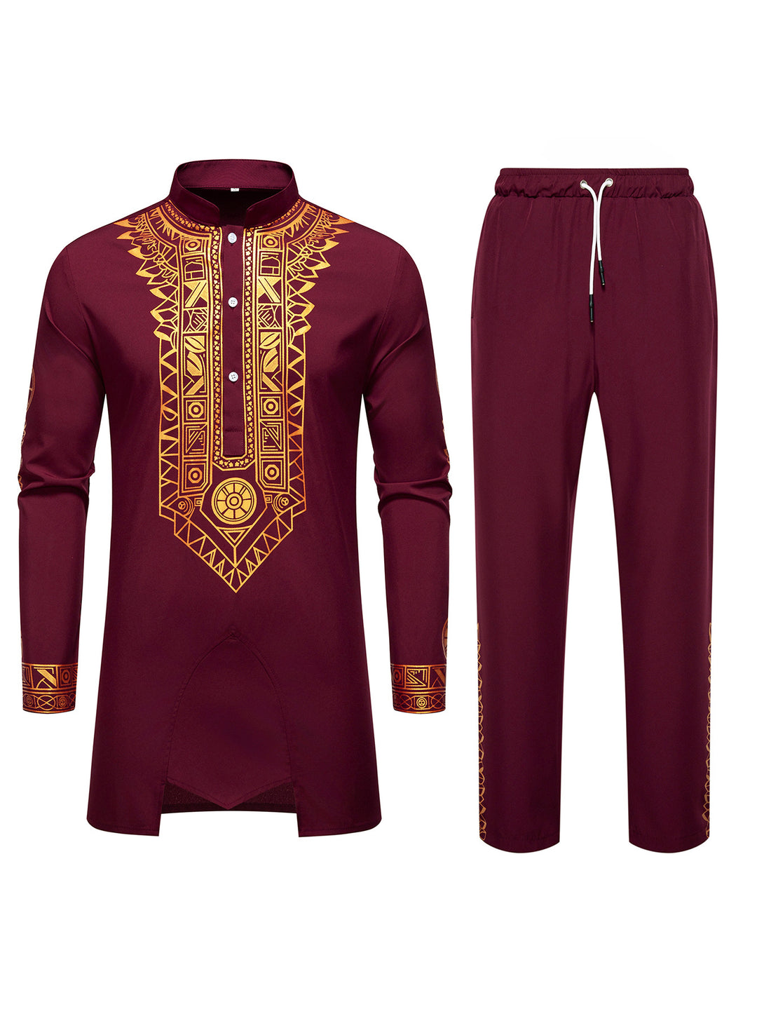 Men's Traditional Long Sleeve Kurta Set with Stand Collar, Gold Ornament Print and Drawstring Pants Mune Fashion