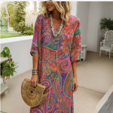 Women nan lightweight Boho kaftan dress with V-neck, loose silhouette, and three-quarter sleeves Mune Fashion