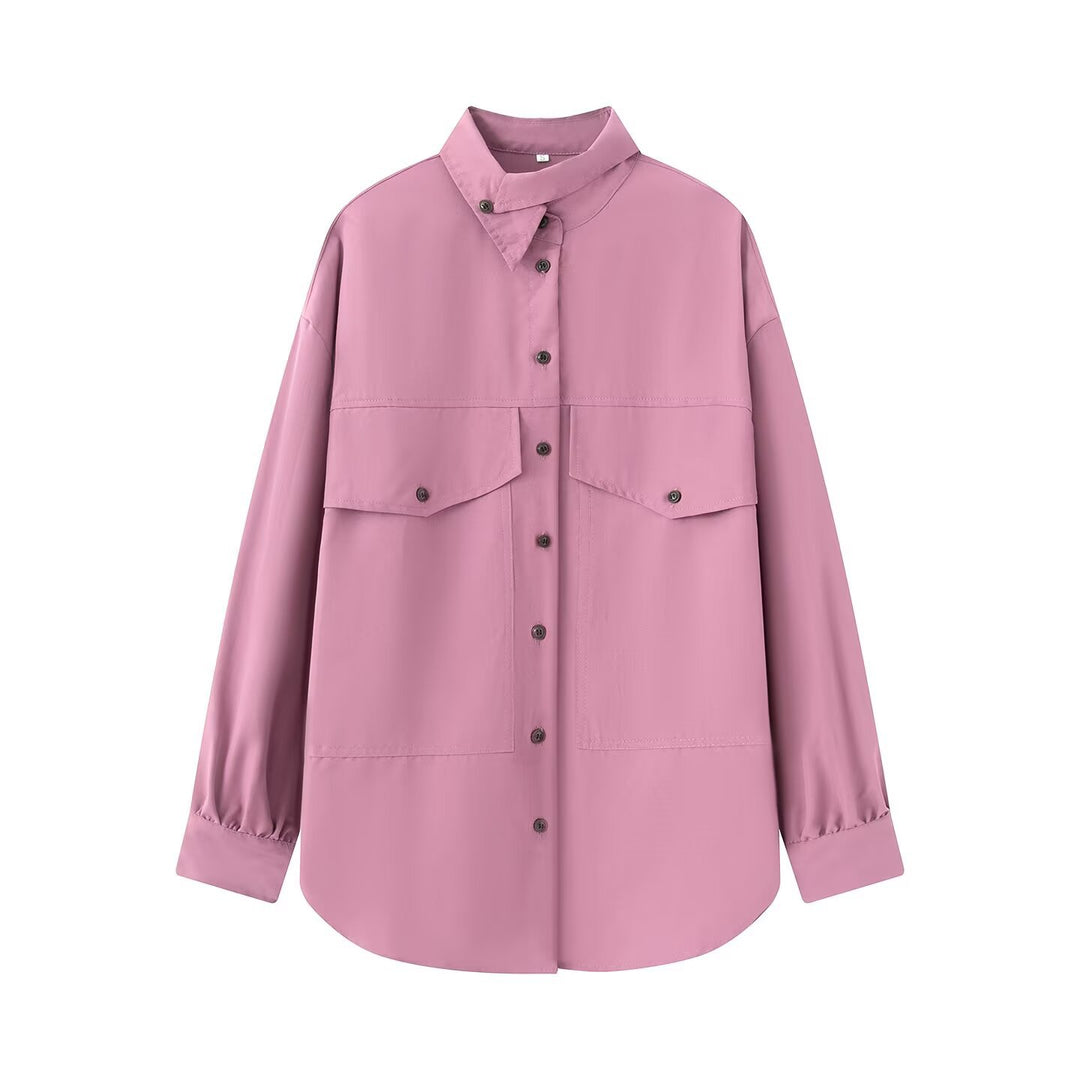 Women's Oversize Shirt Blouse Jacket with Patch Pockets and Stand-Up Collar Mune Fashion