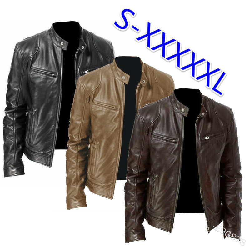 Men's nan vintage-inspired leather jacket in biker style with stand-up collar and visible zippers Mune Fashion