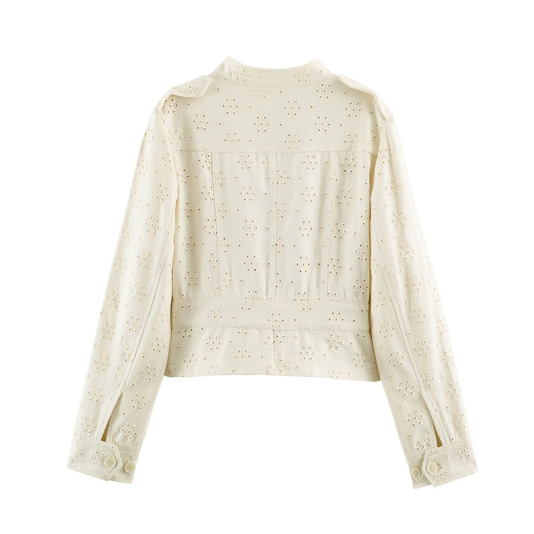 Women's short jacket made of lace embroidery with stand-up collar, utility pockets, and boxy cropped silhouette Mune Fashion