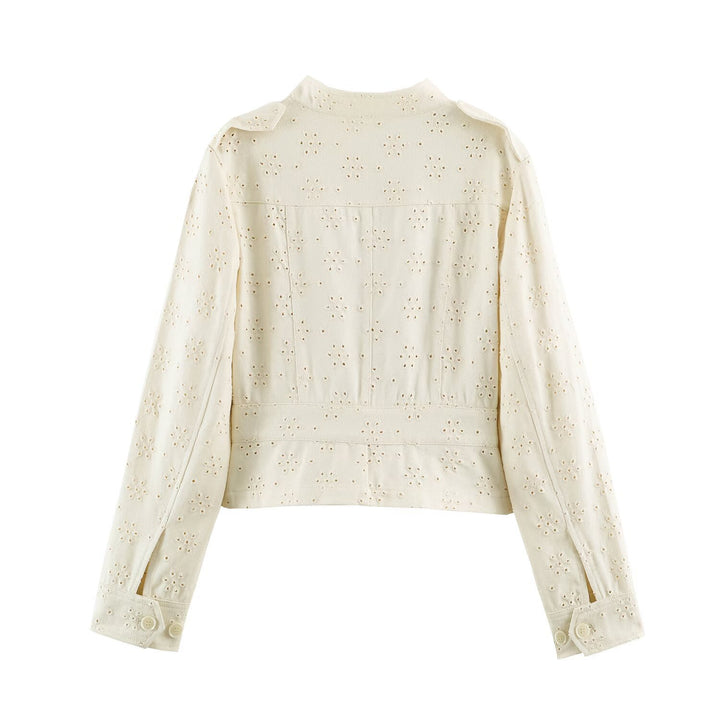 Women's short jacket made of lace embroidery with stand-up collar, utility pockets, and boxy cropped silhouette Mune Fashion
