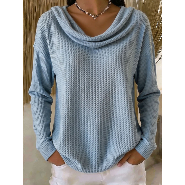Women Casual Waffle Knit Sweater with Wide Waterfall Collar and Rounded Hem Mune Fashion