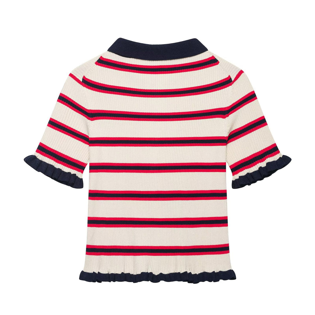 Ladies Short-Sleeved Fine Knit Cardigan with Polo Collar and Ruffle Cuffs Mune Fashion