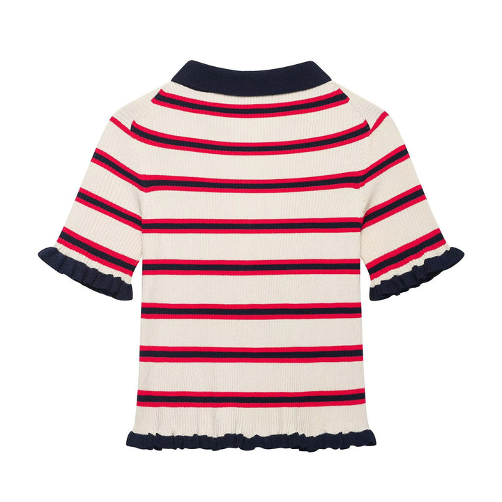 Ladies Short-Sleeved Fine Knit Cardigan with Polo Collar and Ruffle Cuffs Mune Fashion