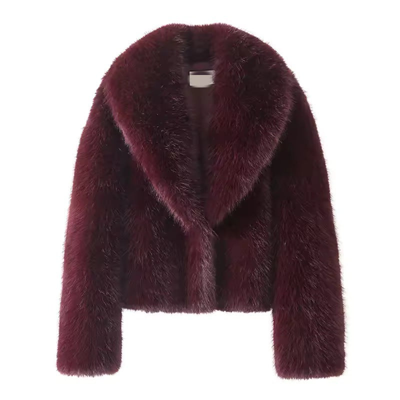 Ladies Cropped Faux Fur Short Jacket with Extra Voluminous Shawl Collar Mune Fashion