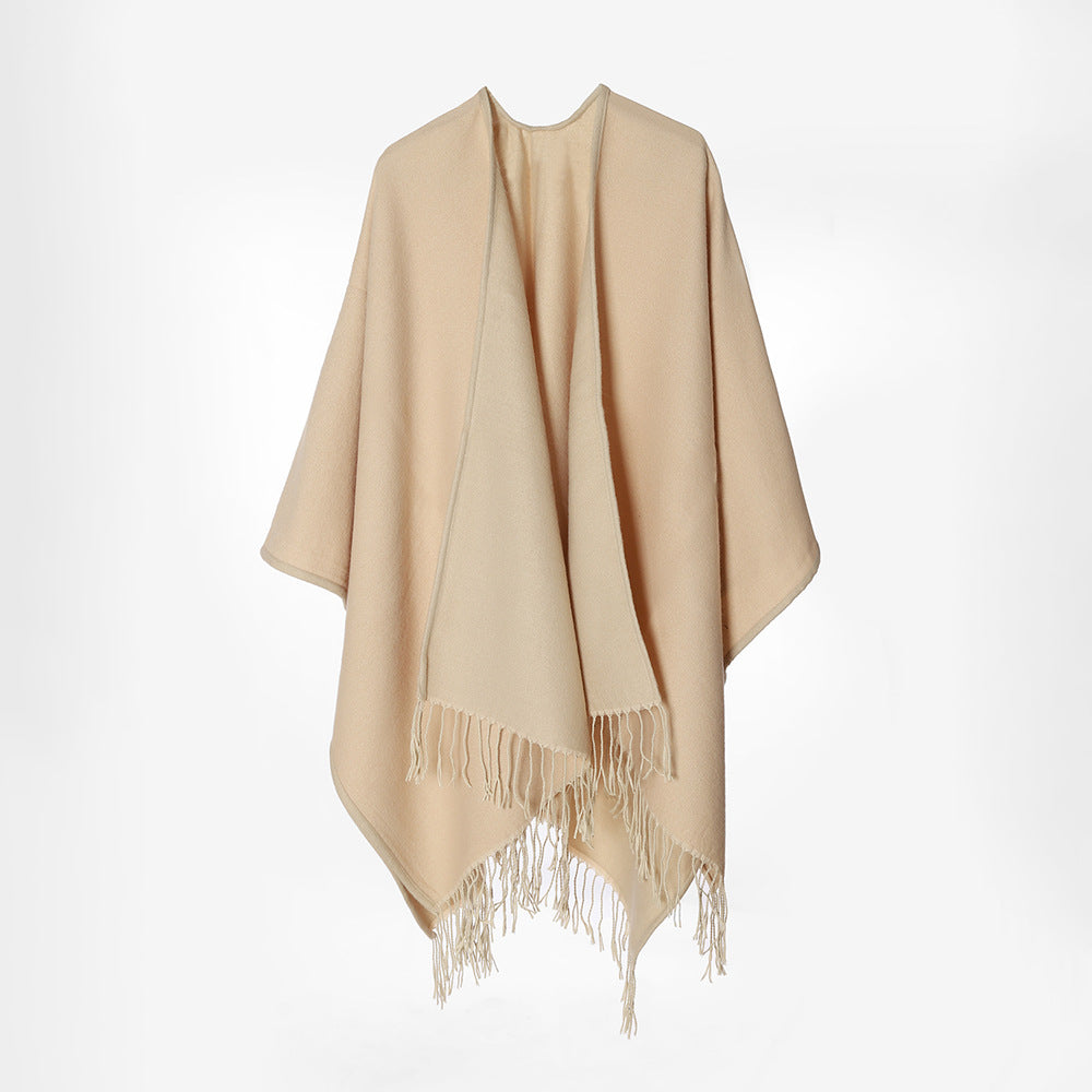 Women Two-Layer Oversized Cape with Fringes and Open Waterfall Cut Mune Fashion