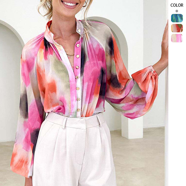 Ladies Chiffon blouse with watercolor print, standing collar, concealed button placket and balloon sleeves Mune Fashion