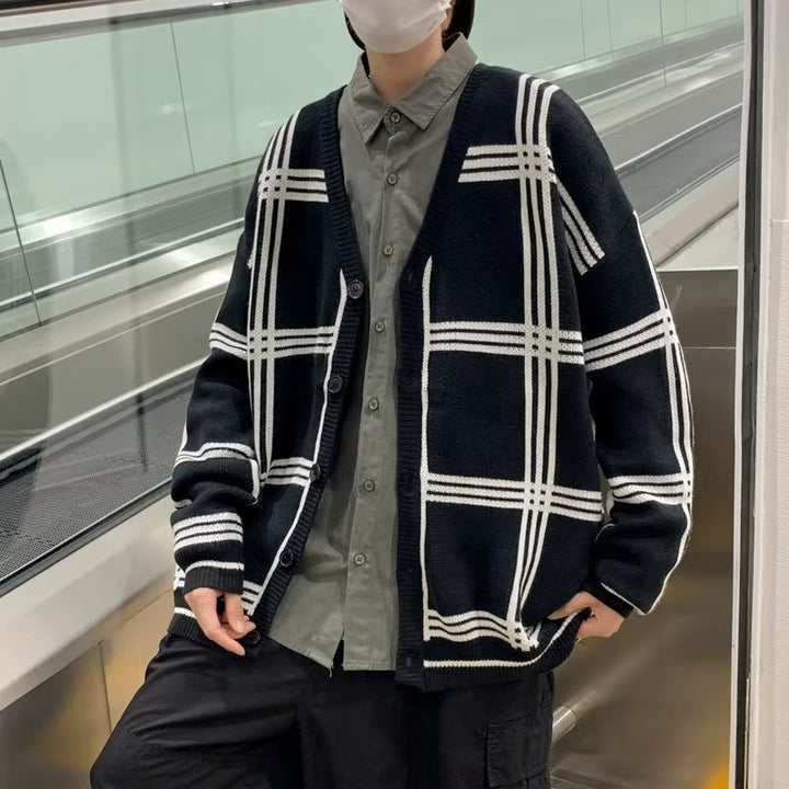 Men's Fashionable Chunky Knit Cardigan with Check Pattern Mune Fashion