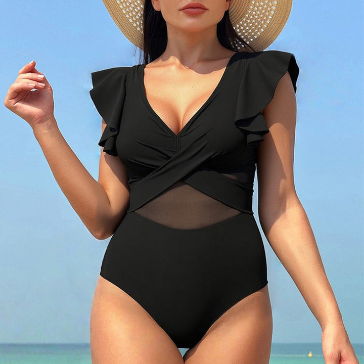 Ladies Elegant One-Piece Swimsuit with Asymmetric Ruffle Design Mune Fashion