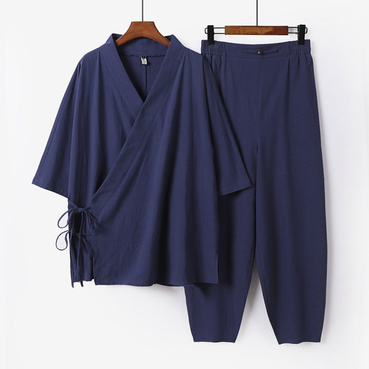 Unisex Lightweight Wrap Lounge Set in Kimono Style with Side Ties and Elastic Tapered Pants Mune Fashion