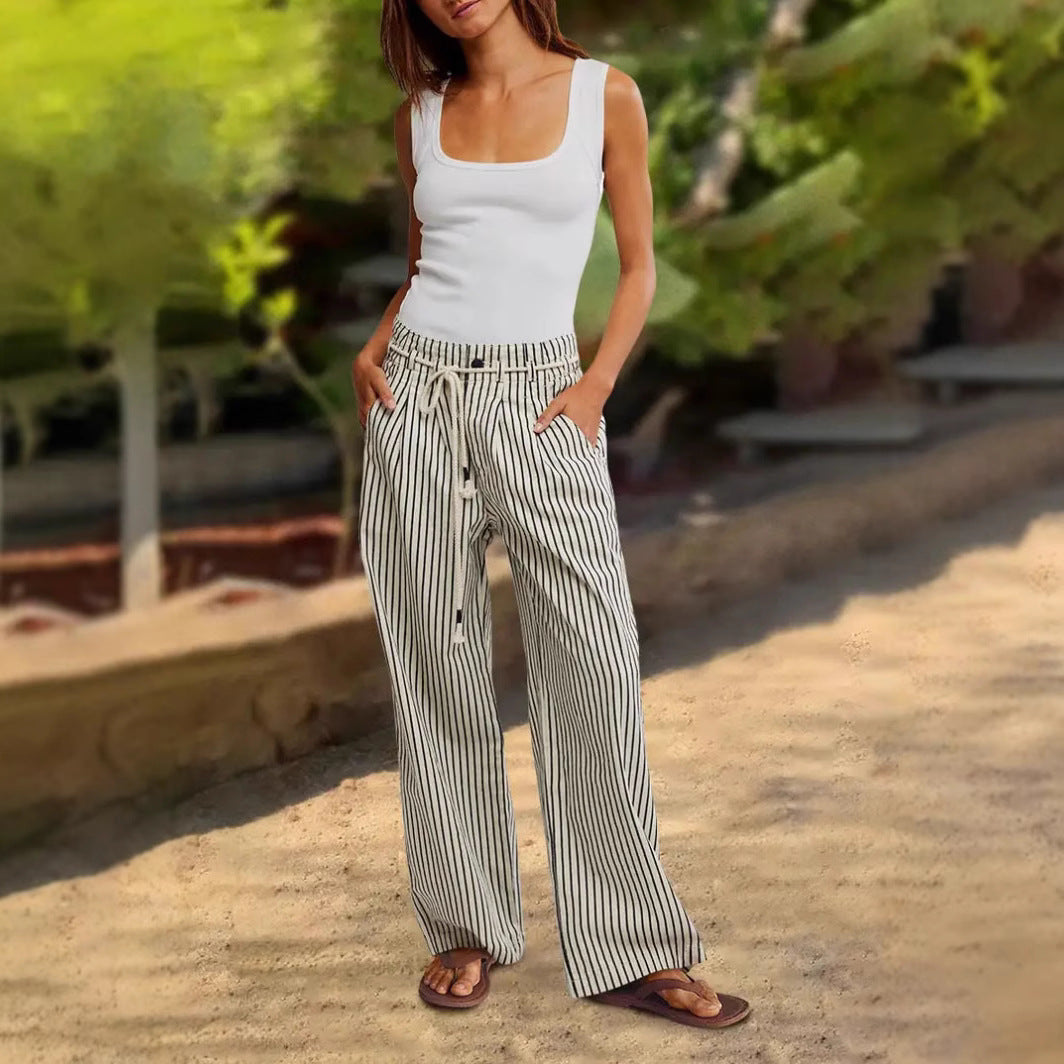Women Light Linen Look Palazzo Pants with Elastic Waistband, Drawstring and Vertical Stripe Pattern Mune Fashion