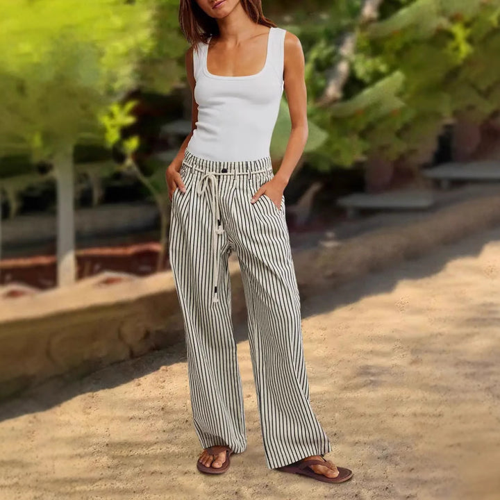 Women Light Linen Look Palazzo Pants with Elastic Waistband, Drawstring and Vertical Stripe Pattern Mune Fashion