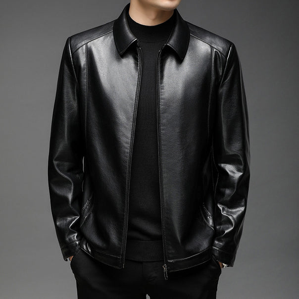 Men's Minimalist Smooth Leather Jacket with Shirt Collar and Tailored Fit Mune Fashion